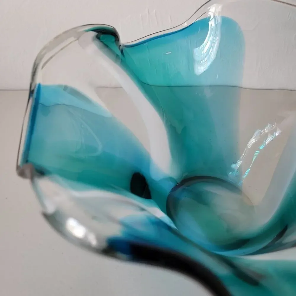 Hand Blown Glass Vase Bowl Turquoise White Clear Handkerchief Flair Home Decor